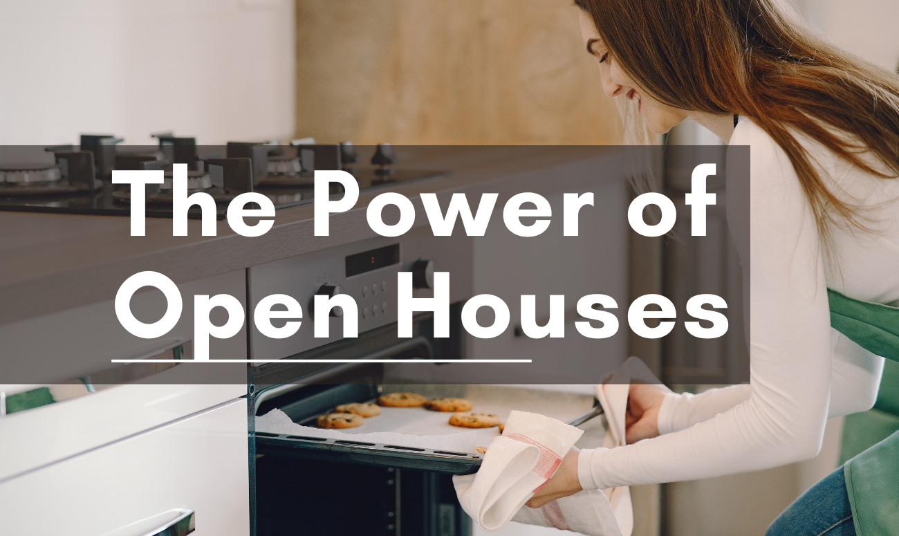The Power of Open Houses cover picture shows a lady taking cookies out of an oven.