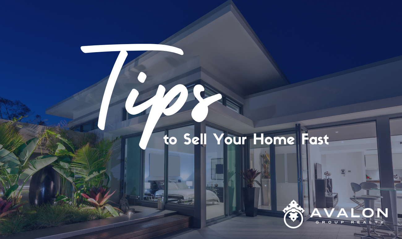 Tips to Sell Your Home Fast cover picture shows a home with palm trees and large windows in black and the letter are white.