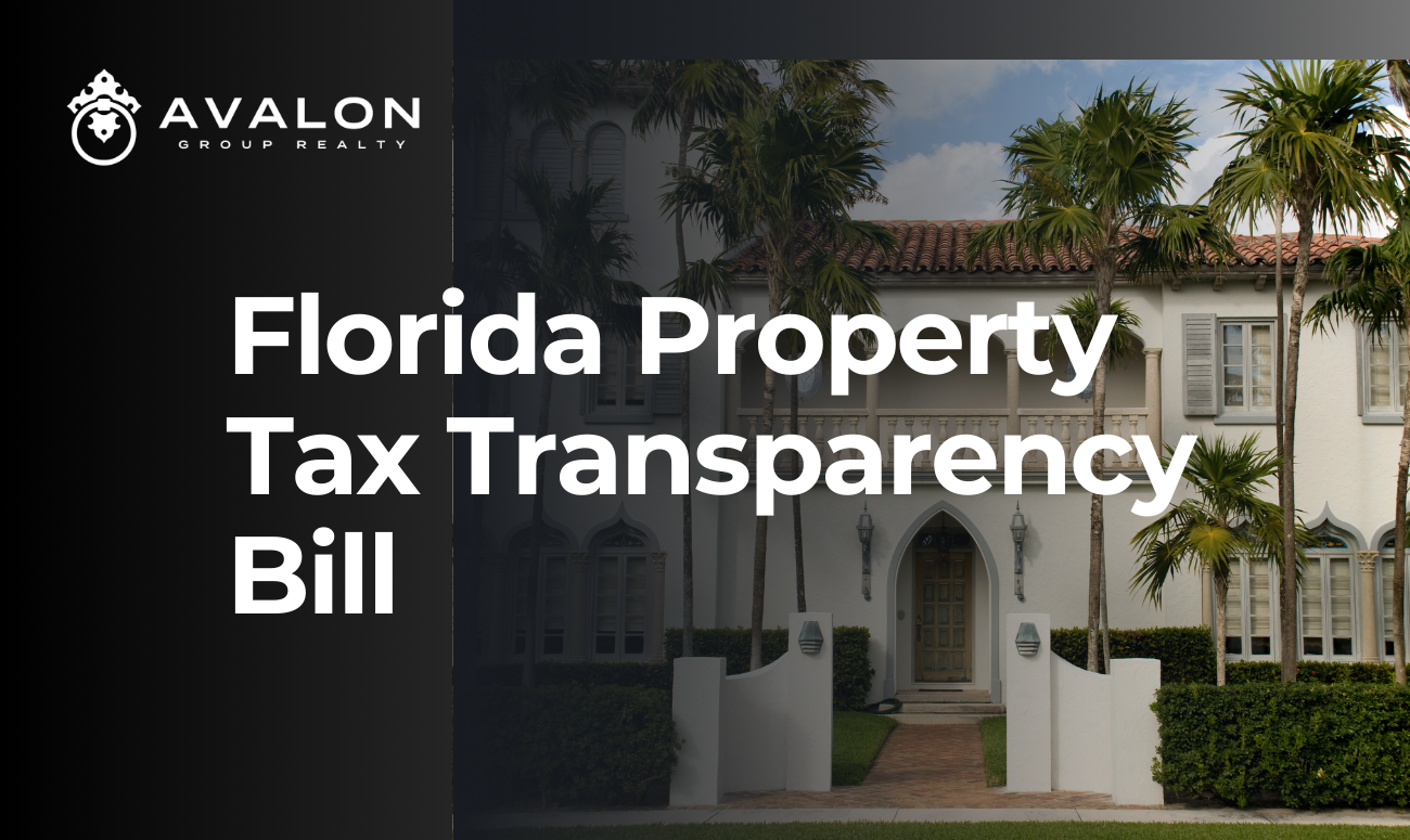 Florida Property Tax Transparency Bill cover picture shows a Florida mansion that is a warm white stucco with a palm tree lined driveway.