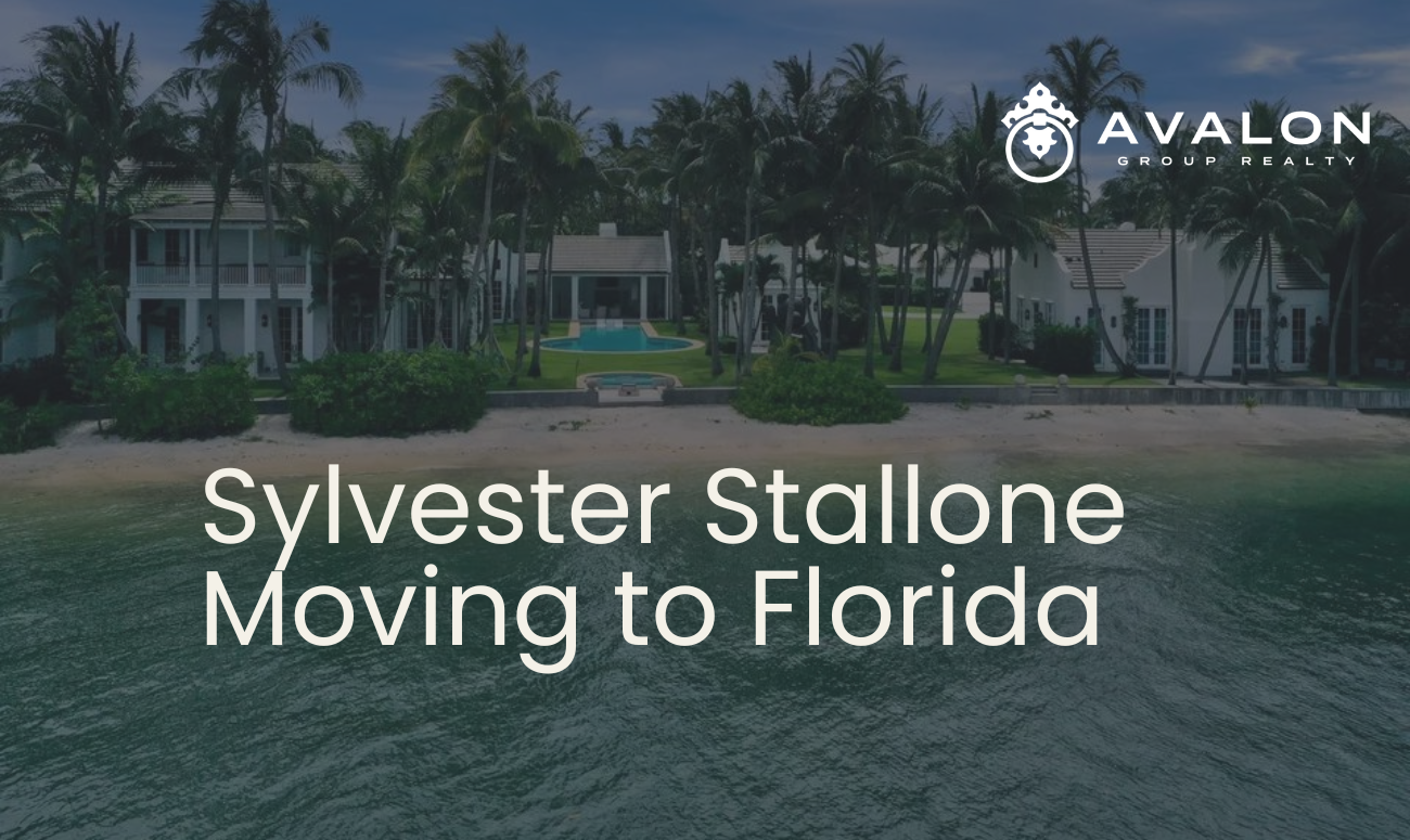 Sylvester Stallone Moving to Florida cover picture shows the home in palm bech with it's white facade.