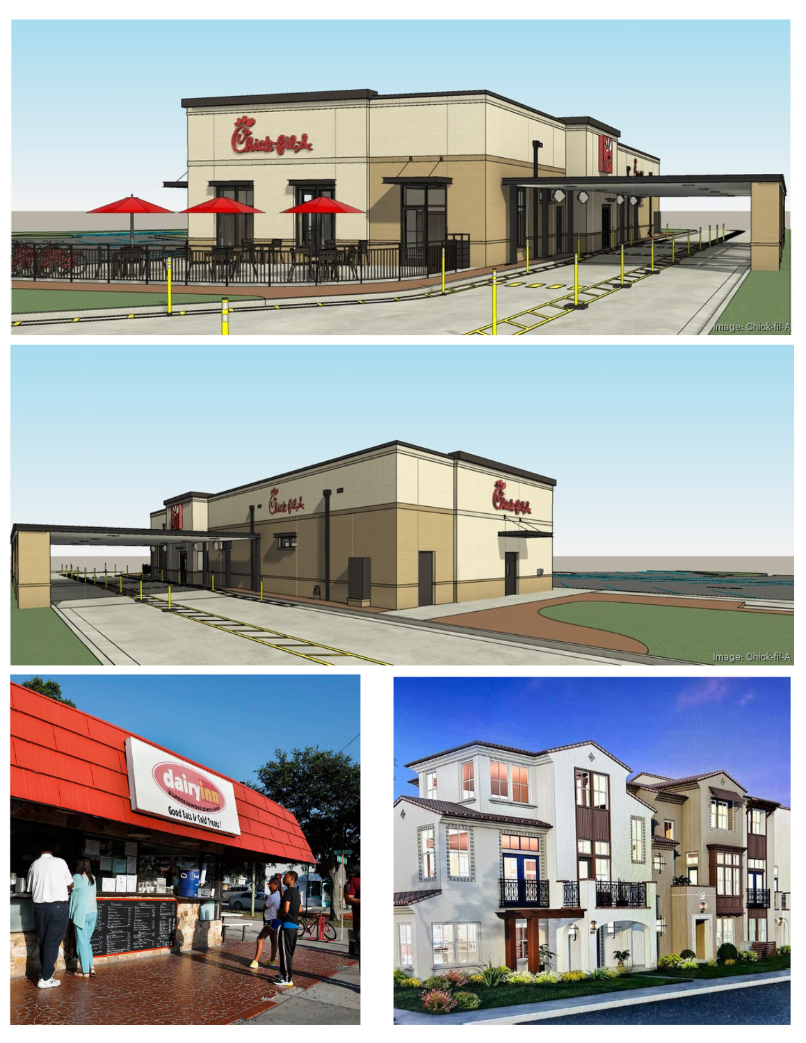 TGI Fridays and Dairy Inn Sites Construction feature pics of Rendering of the New Chick Fil A at Crossroads Center, lower left is a picture of the old Dairy Inn and to the right the Townhomes that will be constructed.