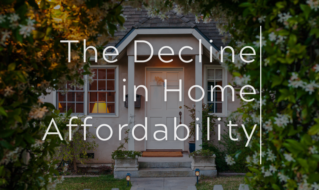 The Decline in Home Affordability cover picture shows a craftsman home front door surrounded by confederate jasamine.