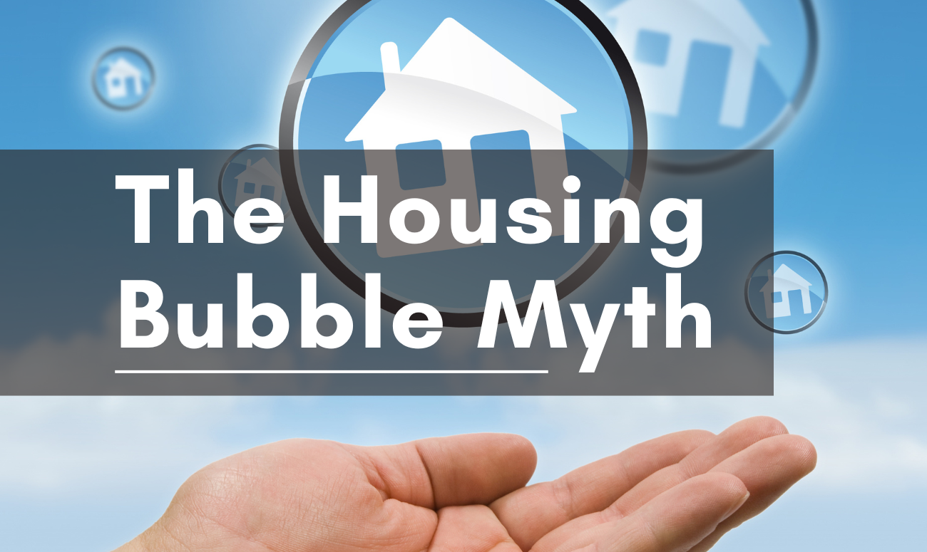 The Housing Bubble Myth cover picture shows cartoons of houses in bubbles floating.