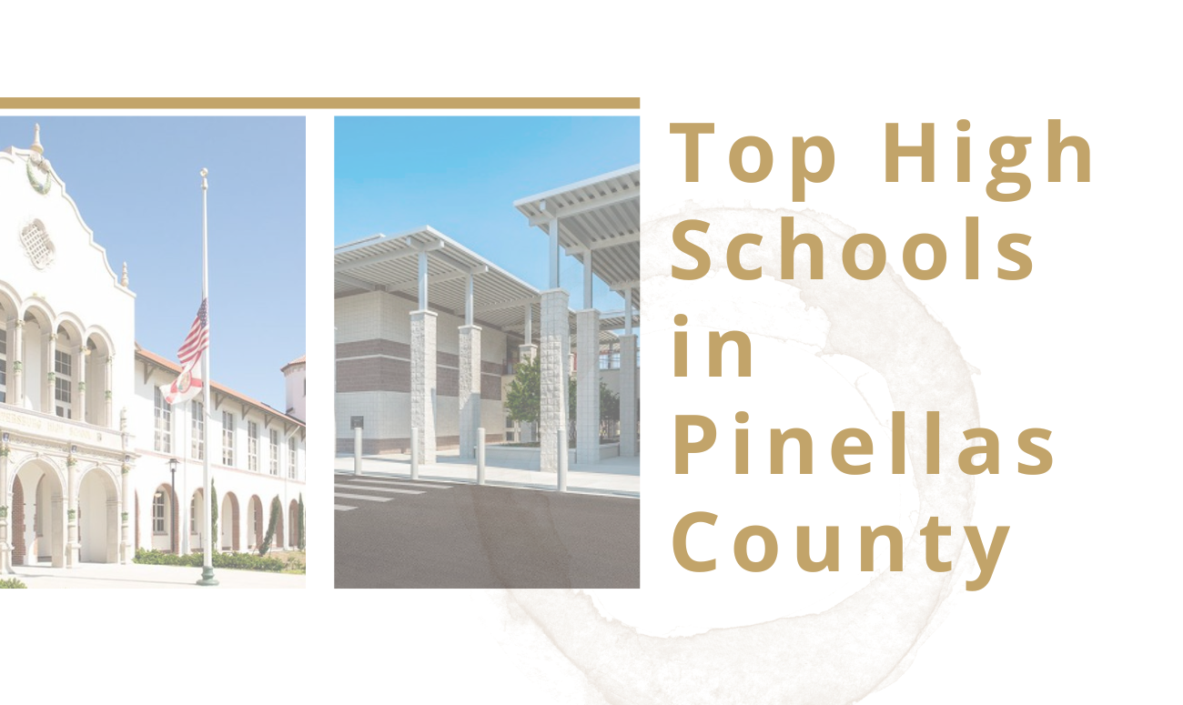 Top High Schools in Pinellas County cover picture shows the front of St Petersburg High School and Palm Harbor University High School.