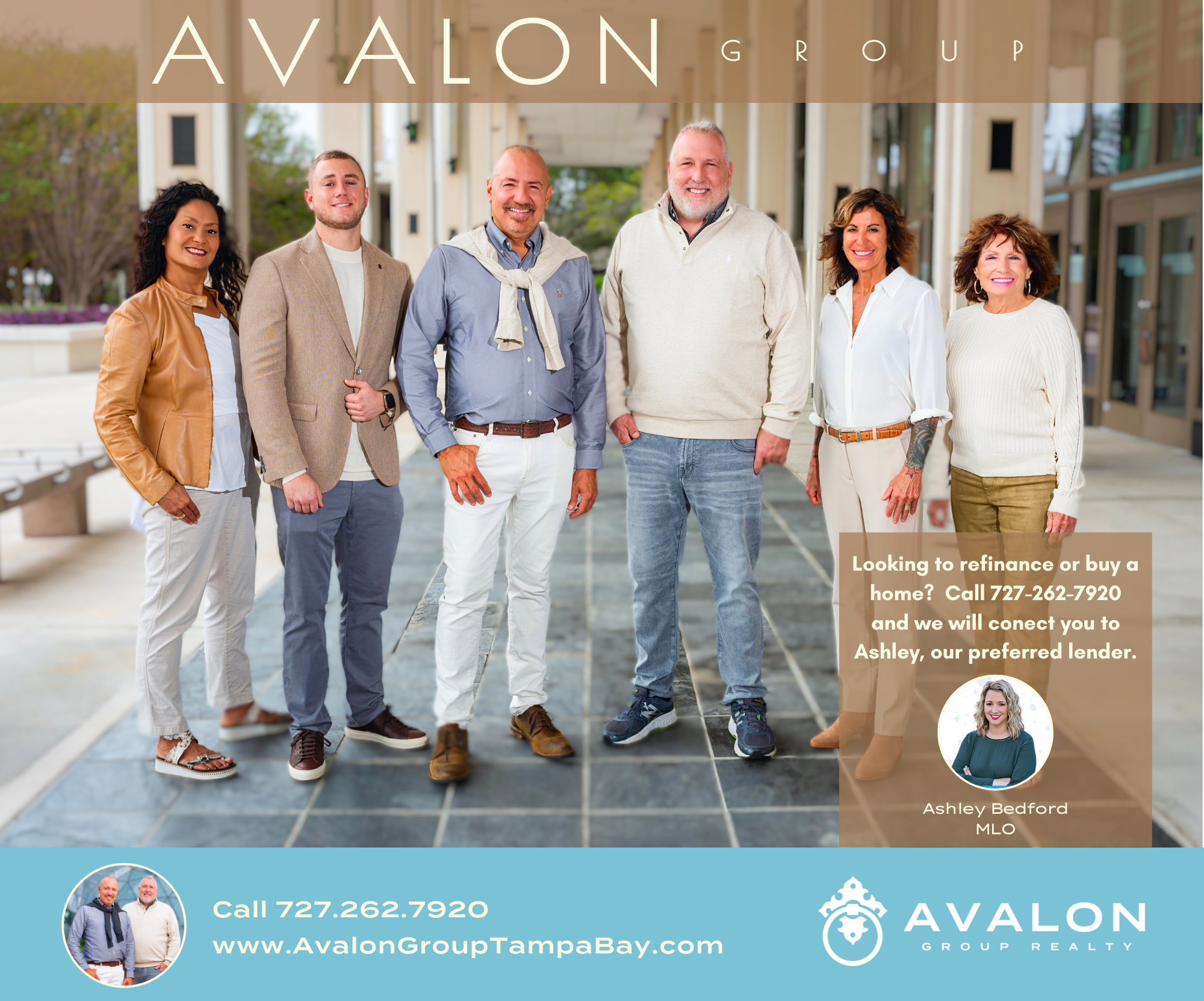 Best Realtor in St Petersburg picture shows the Avalon Group Realty team standing side by side. wearing gray color, creams and tans.