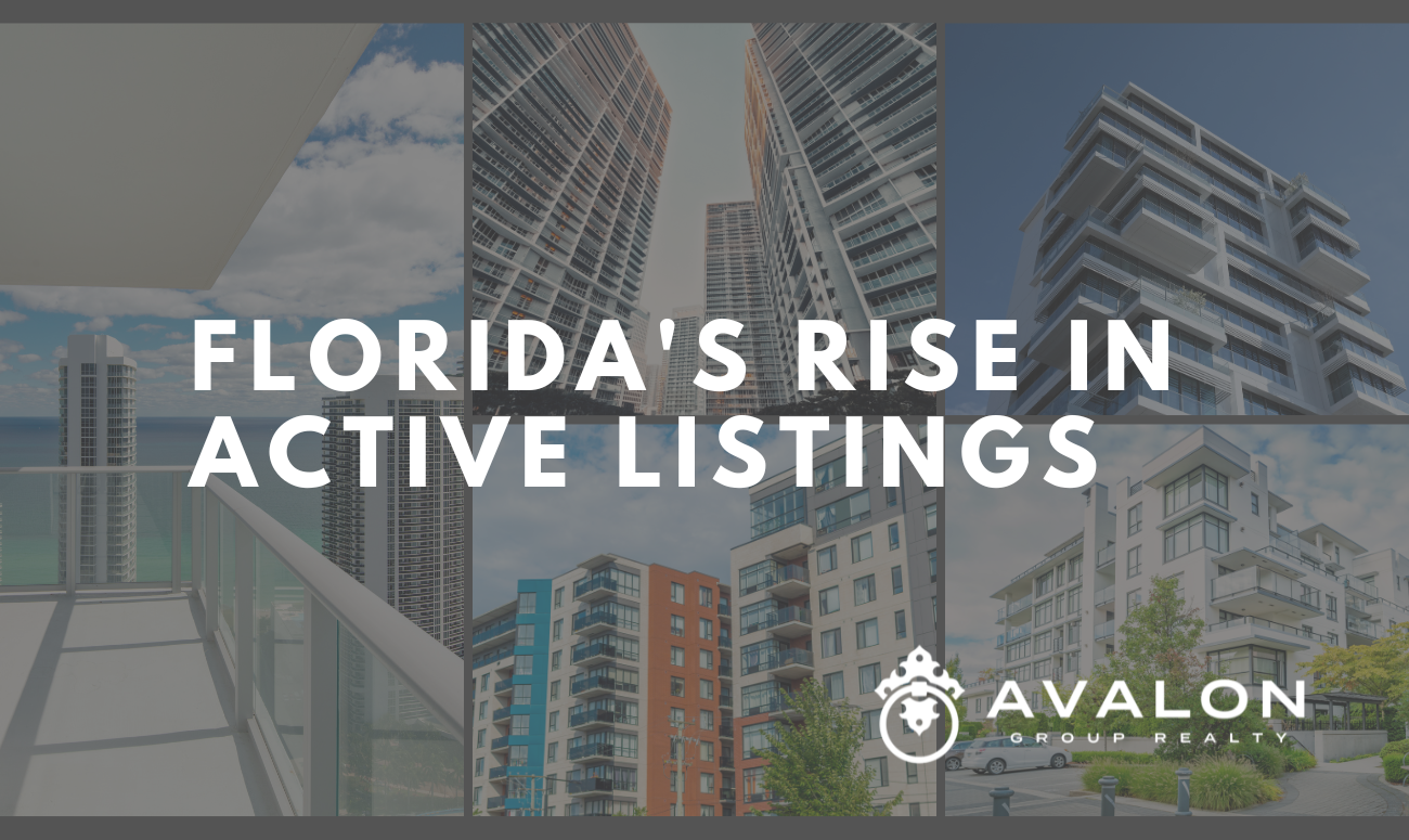 Florida's Rise in Active Listings title picture shows 5 pictures of Florida condo exteriors.