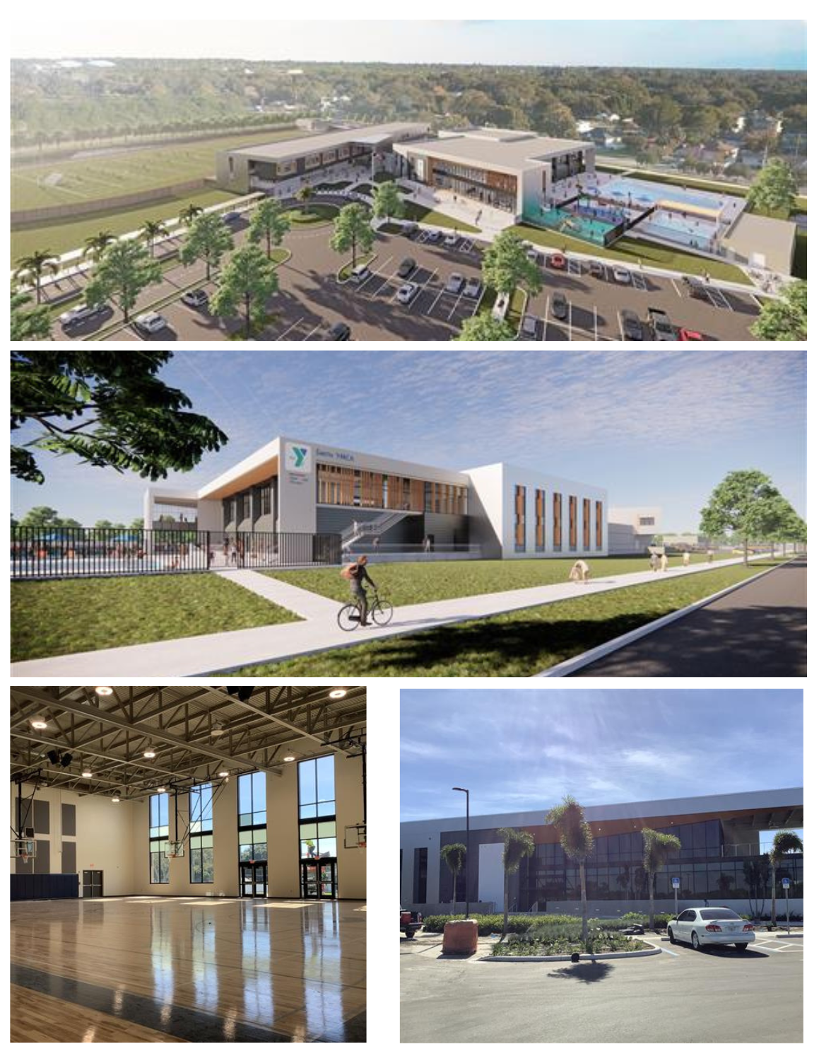 New St Petersburg Middle School shows 4 pictures of the outside and inside of the new Mangrove Middle School