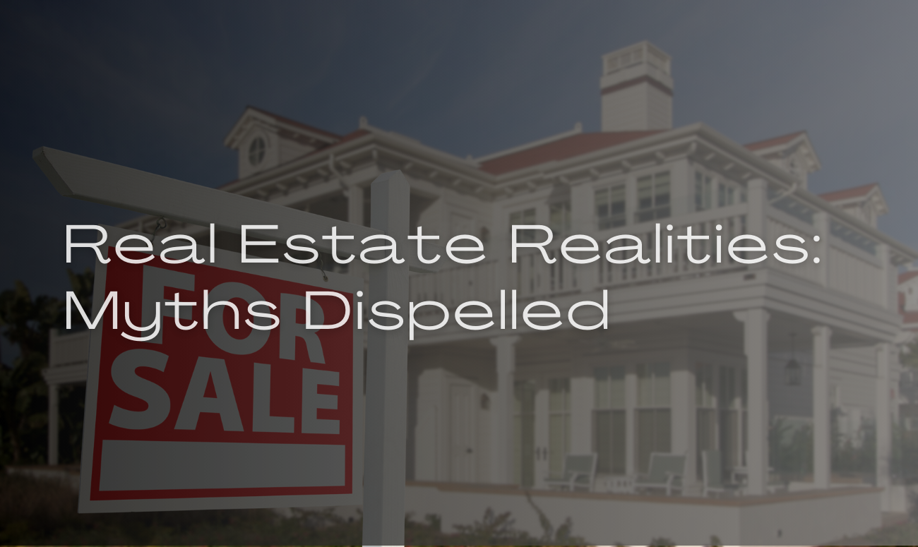 Real Estate Realities Myths Dispelled cover picture shows a beach mansionwith a red for sale sign in the front yard.