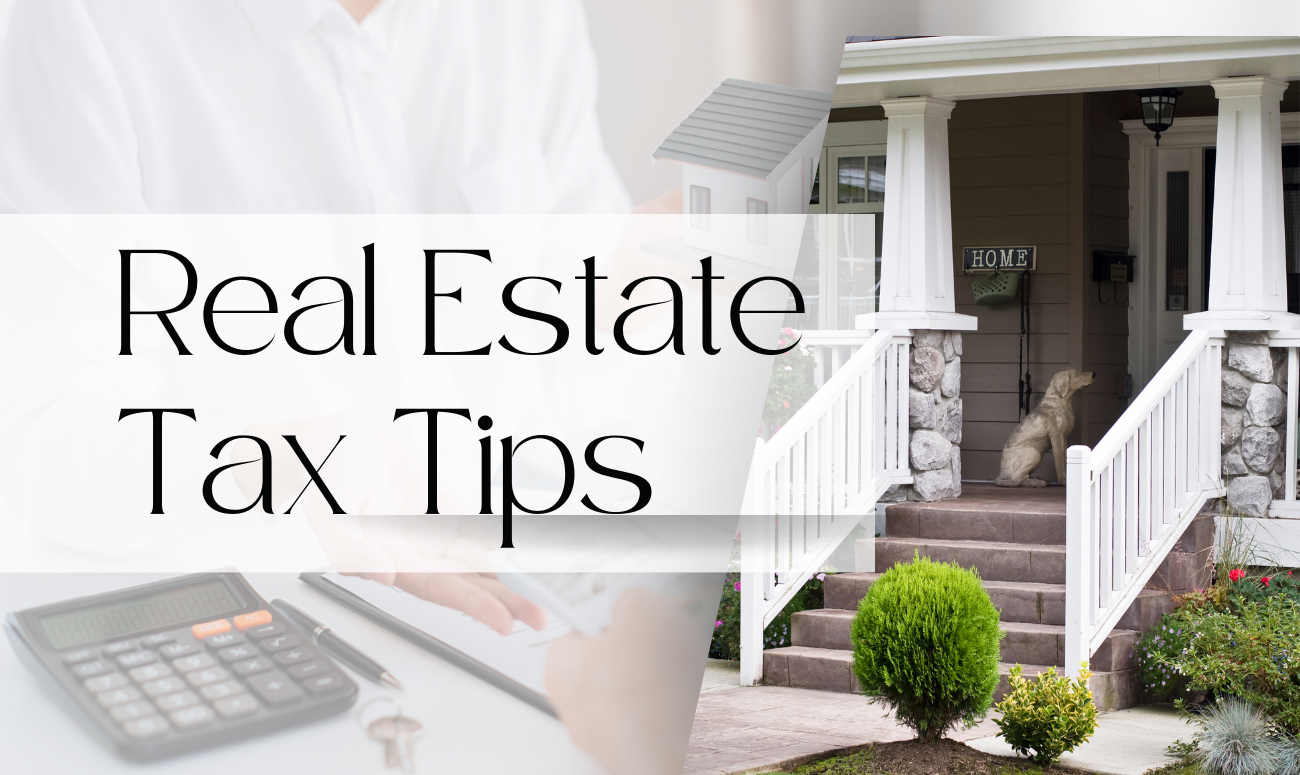 Real Estate Tax Tips cover picture shows a person working on their taxes and a front porch of a home with brown brick.