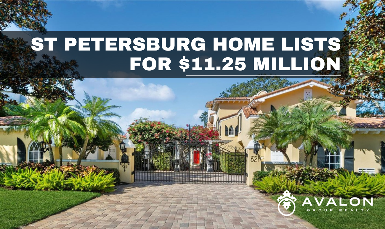 St Petersburg Home Lists for $11.25 Million cover picture shows the driveway paver entrance of a yellow mansion on the water.
