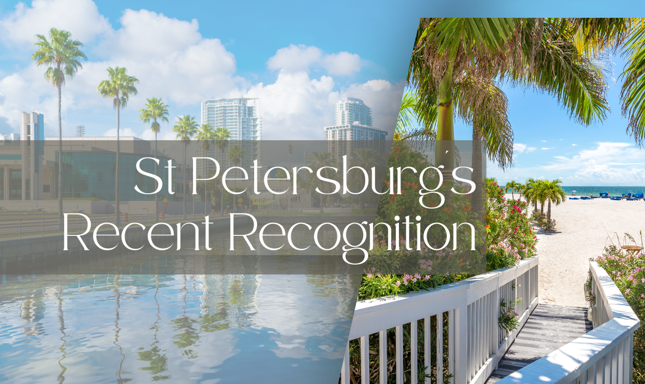 St Petersburg's Recent Recognition cover picture shows the waterfront buildings of St Petersburg and a wooden path to the beach surrounded by palm trees