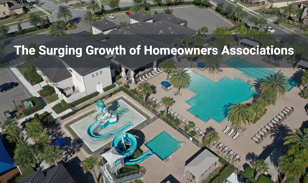 The Surging Growth of Homeowners Associations cover picture shows a HOA's pool and water slide complex next to the clubhouse.
