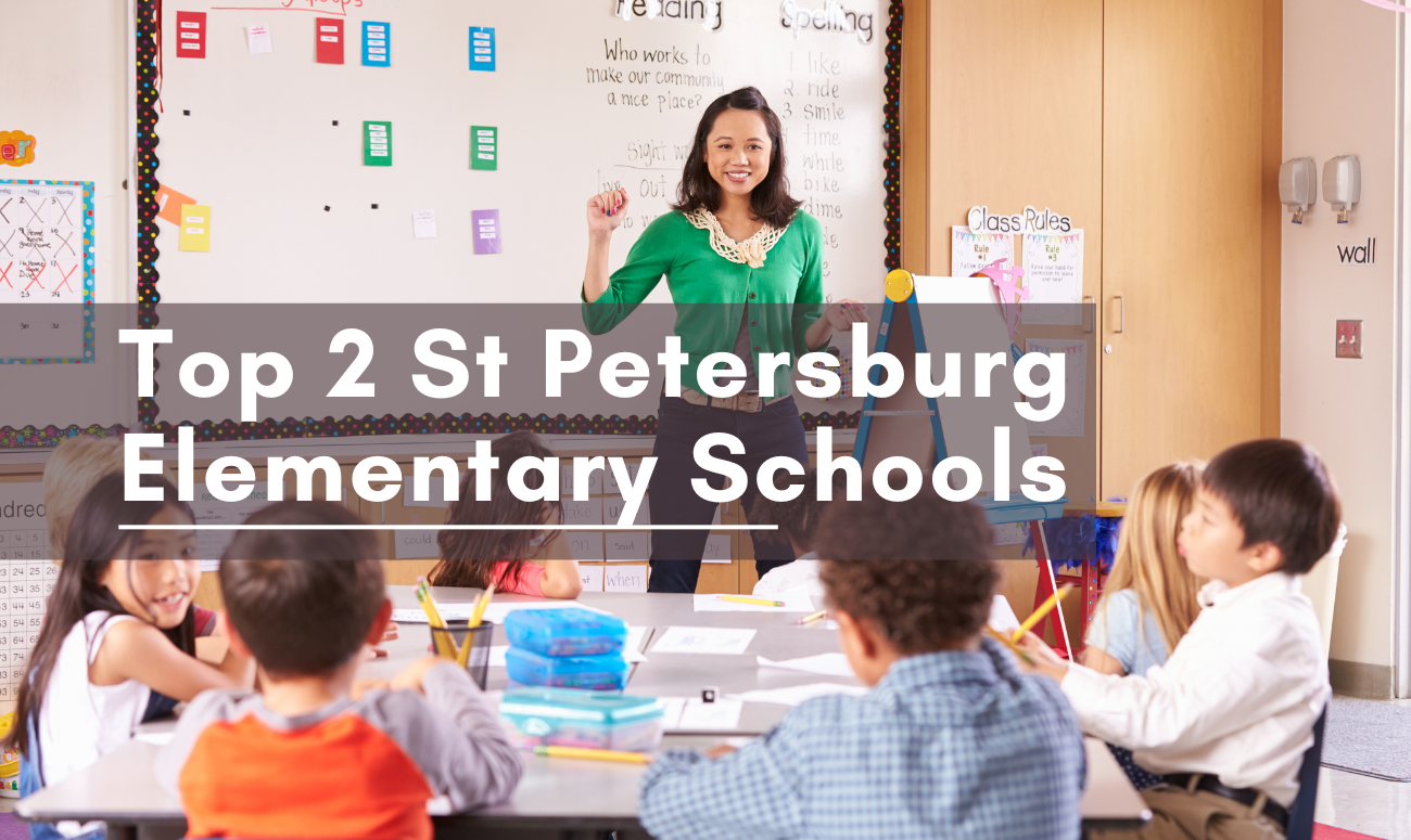 Top 2 St Petersburg Elementary Schools cover picture shows a teacher dressed in a green shirt with a white board behind her with writing on it.