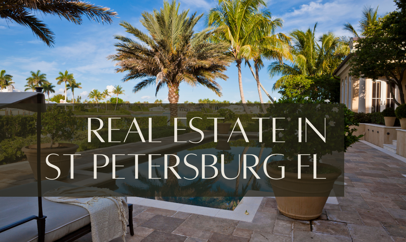 Real Estate in St Petersburg FL cover picture shows a home with a pool and palm trees in backyard.