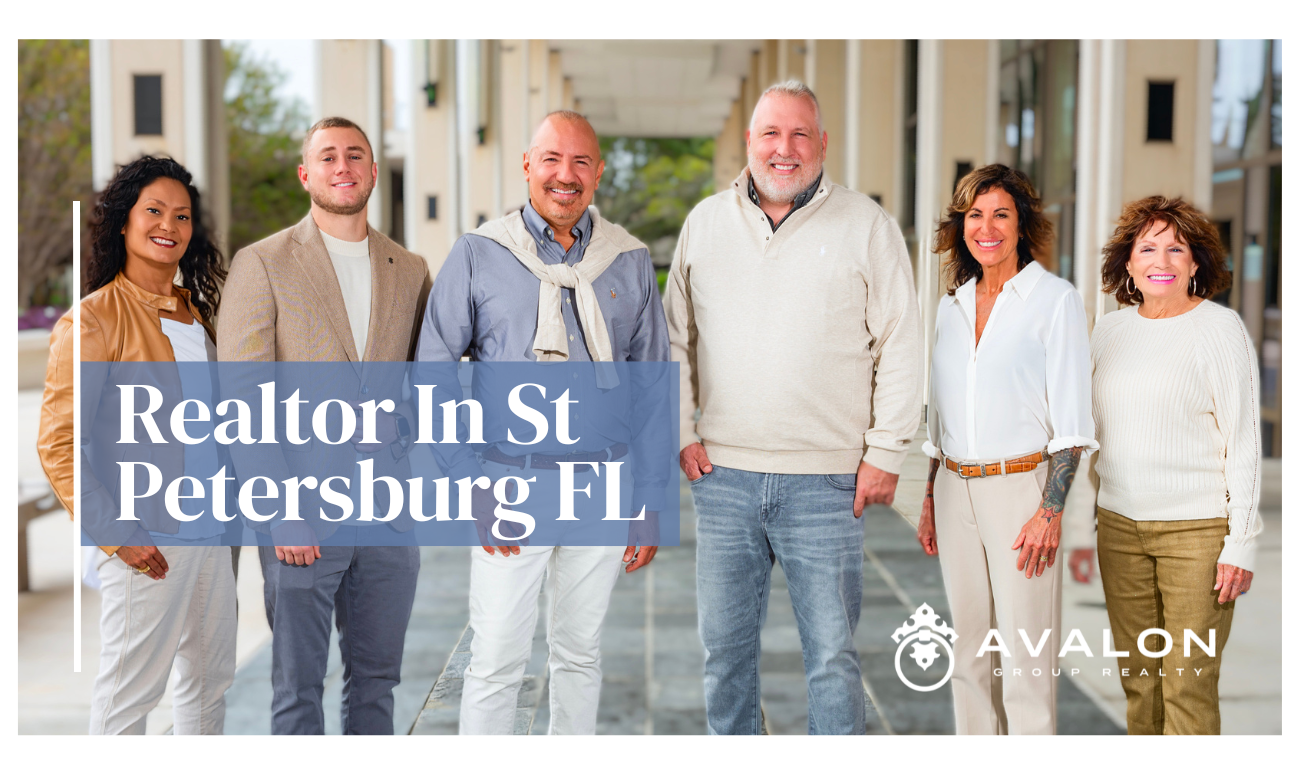 Realtor In St Petersburg FL cover picture shows the 6 Realtors dressed in gray, tan and cream colored clothing.