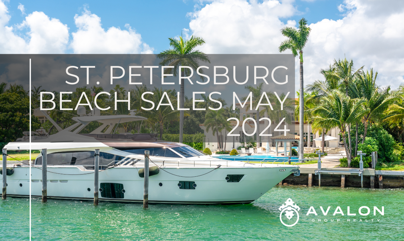 St. Petersburg Beach Sales May 2024 cover picture shows a boat in front of a home in water with palm trees surrounding.