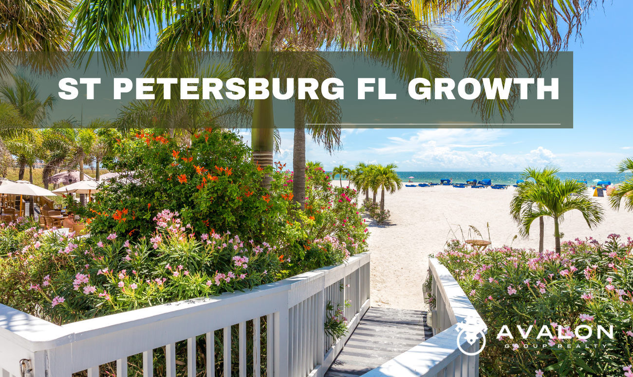 St Petersburg FL Growth cover picture shows the entrance to St Pete Beach with palm trees.
