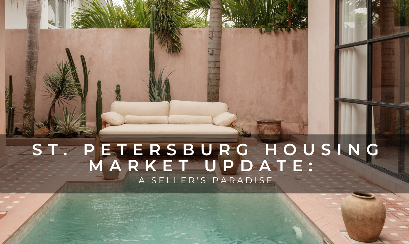 St. Petersburg Housing Market Update: A Seller's Paradise cover picture shows a pool courtyard with beige walls and a cream colored sofa.