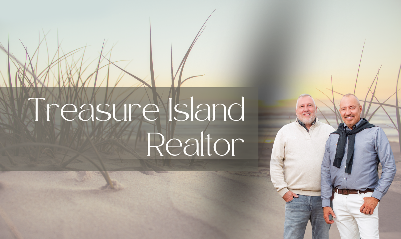 Treasure Island Realtor cover picture shows the title in white letters overlaying a beach scene with beach grass. Aaron Hunt and Rob Johnson's picture is overlaid on the right side. Aaron is wearing a cream shirt and Rob is wearing a gray shirt.