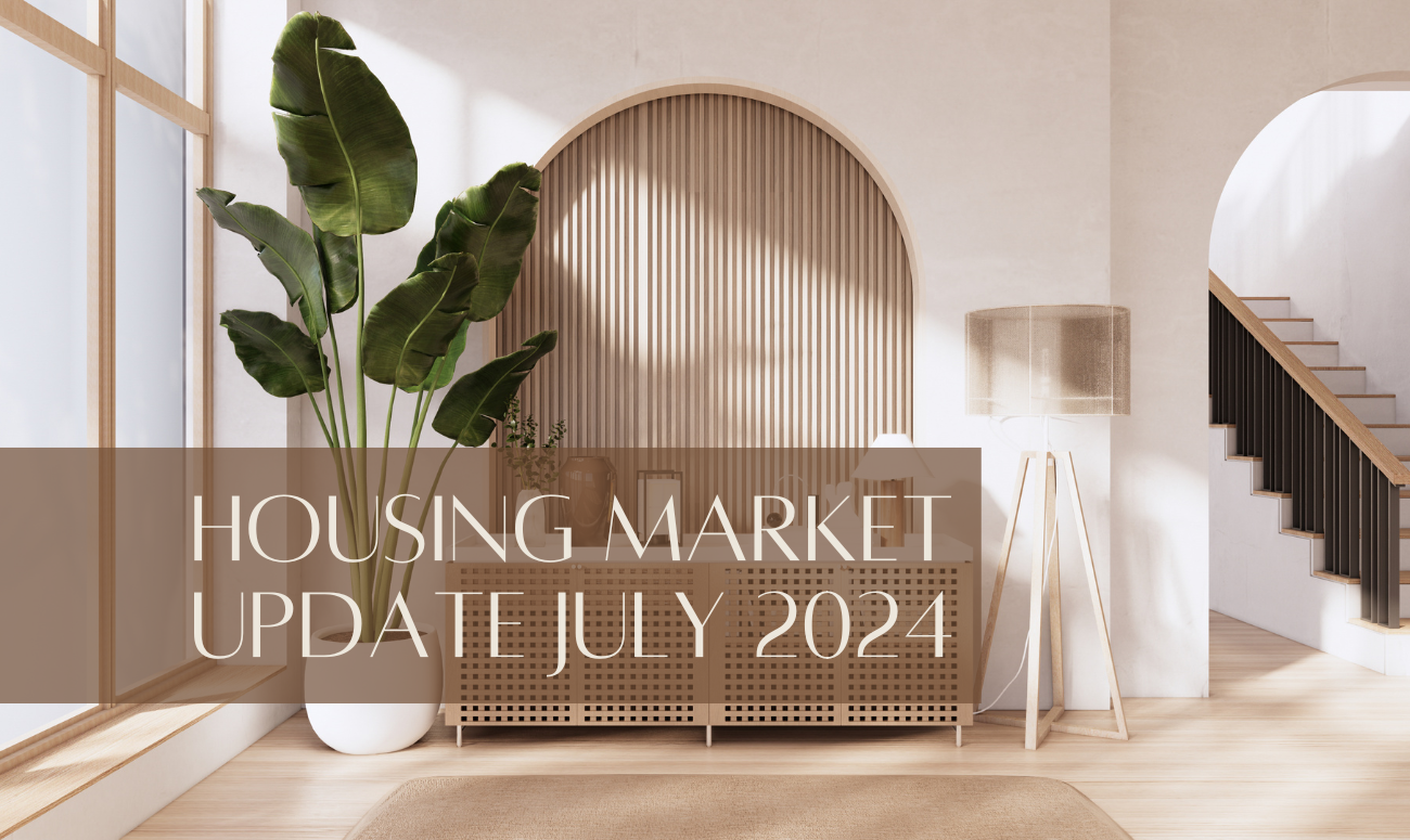 Housing Market Update July 2024 cover picture shows a living room decorated with warm minimalist style. Beige white walls and light oak wood accents.