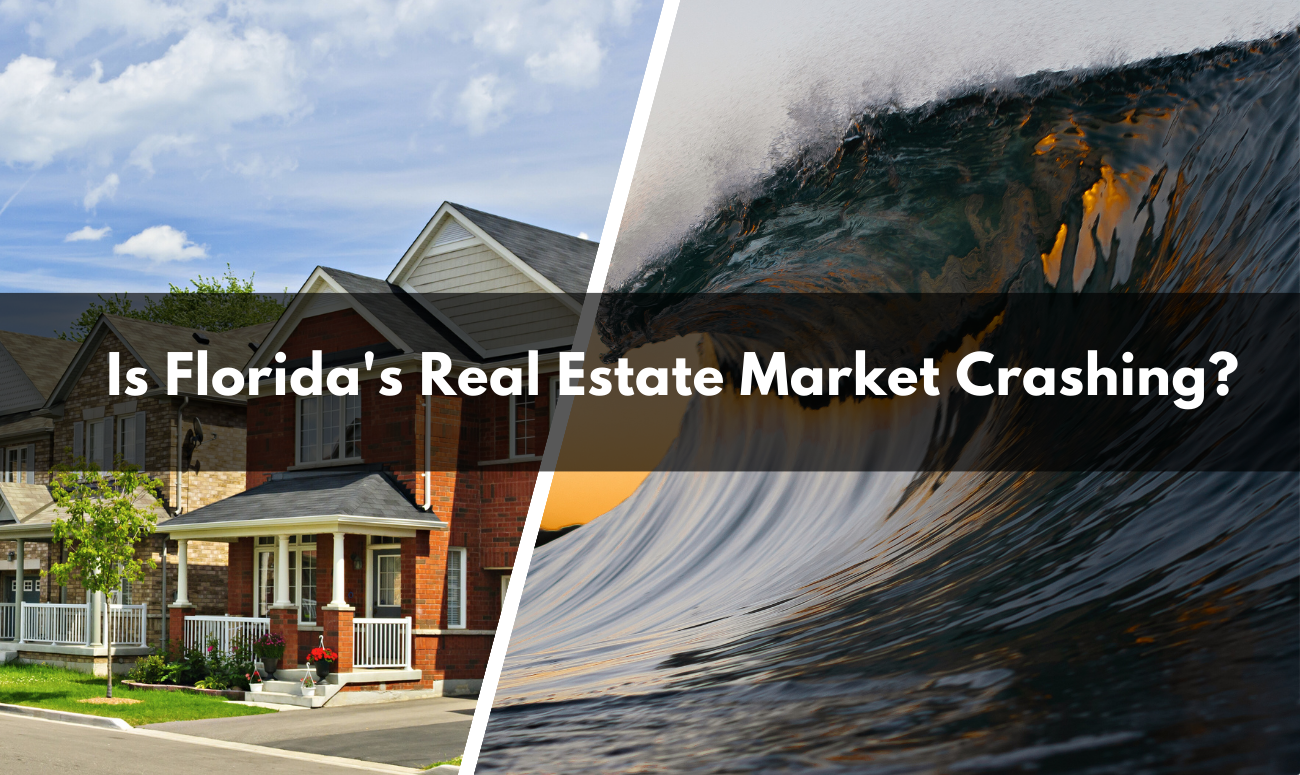 Is Florida's Real Estate Market Crashing cover picture shows homes in a neighborhood, then on the right side a picture of a huge wave about to crash in.