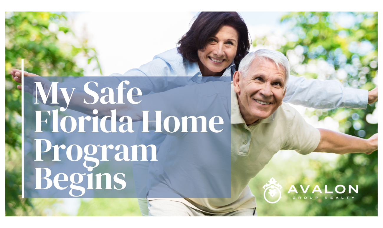 My Safe Florida Home Program Begins cover picture shows a senior adult couple with arms up like they are flying.