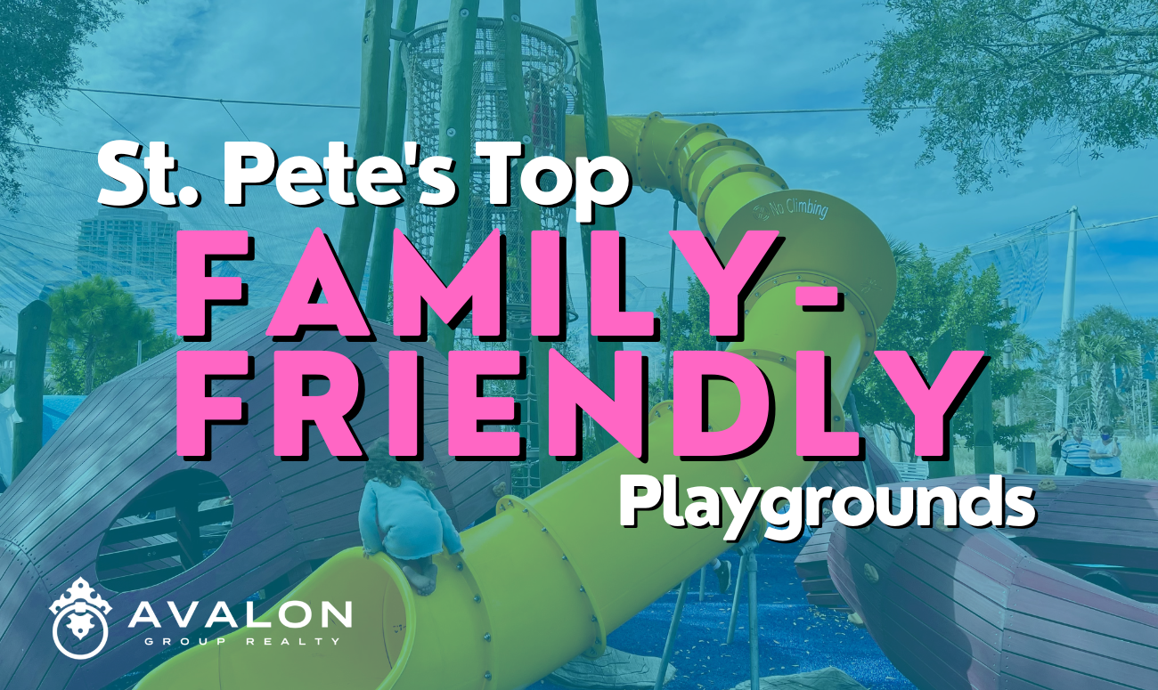 St. Pete's Top Family-Friendly Playgrounds cover picture shows title in pink and white with a yellow sliding board in the background.