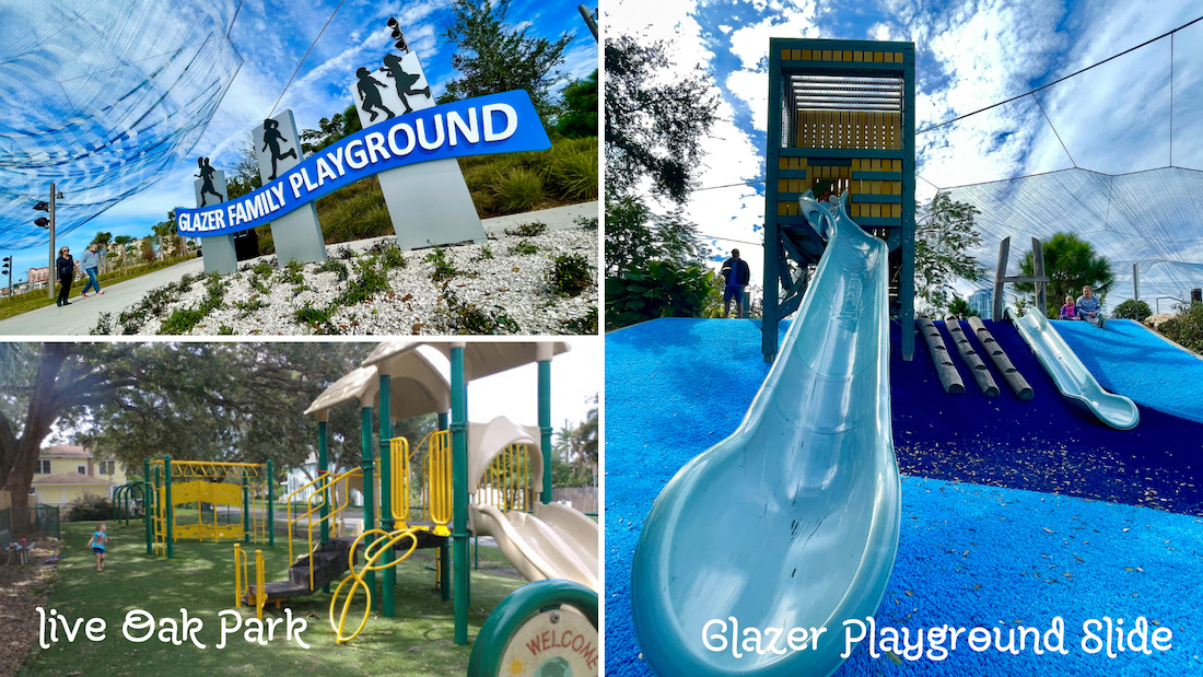 Pictures from trips to Glazer Family Playground and Live Oak Park. The Glazer sign is pictured with blue background and white letters. The slide in the picture is baby blue, and the Live oak Park play structure is green and yellow.