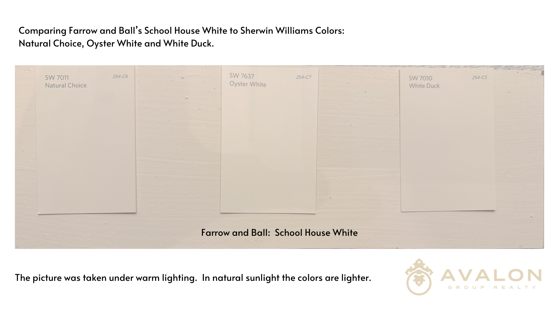 The Age Of Beige Farrow and Ball's School House White Sherwin Williams Equivalent picture shows colors in comparison.