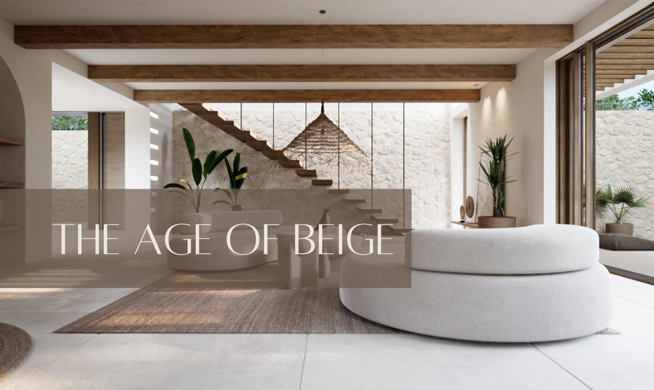 The Age of Beige. Cover picture shows a living room with a light greige white walled room with wooden beams that are honey colored.