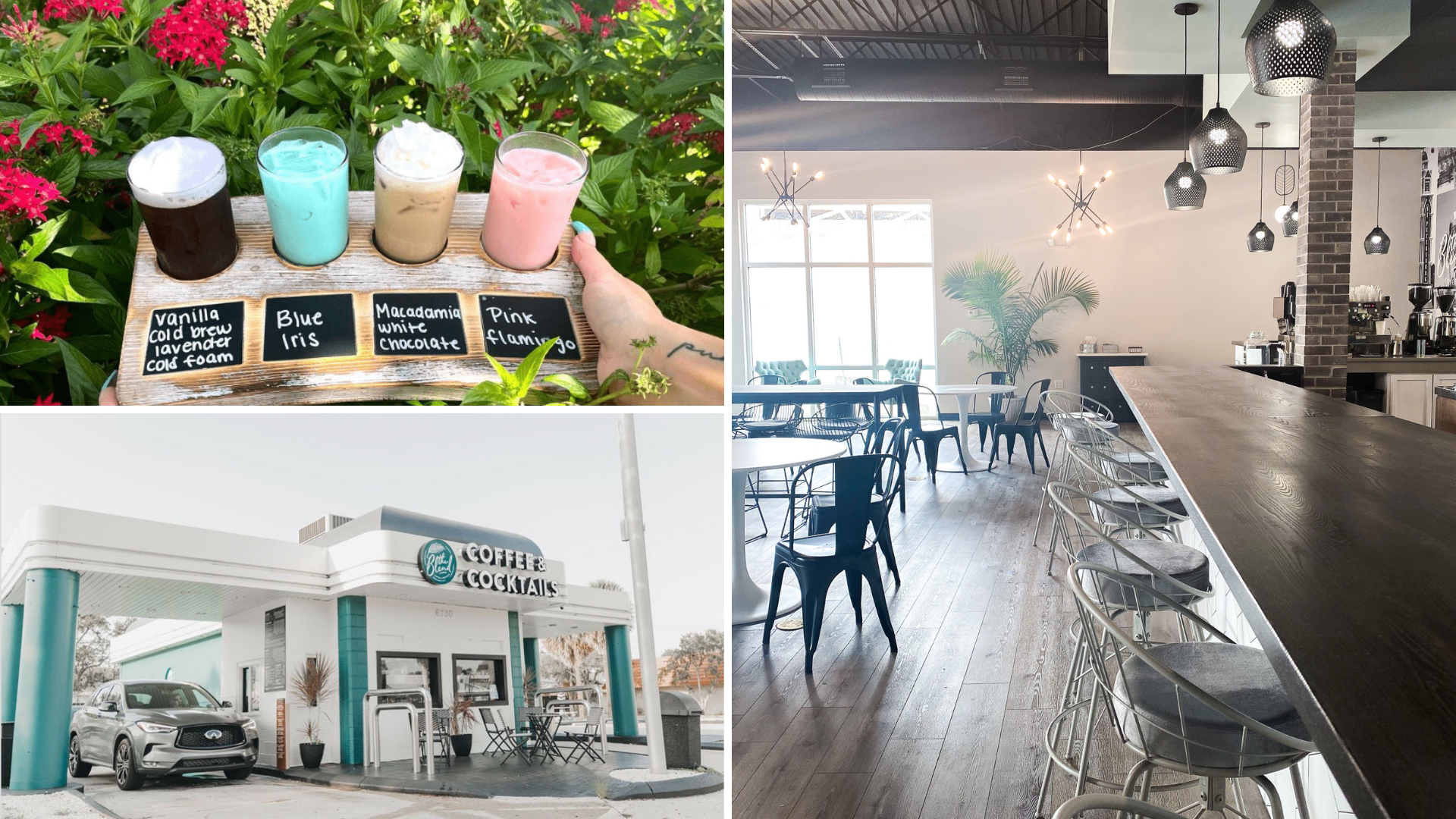 Top Left: Favorite Drinks At The Blend. Right: Interior of Old Northeast Location. Bottom Left: Drive Through located at the 6700 block of Central Ave.