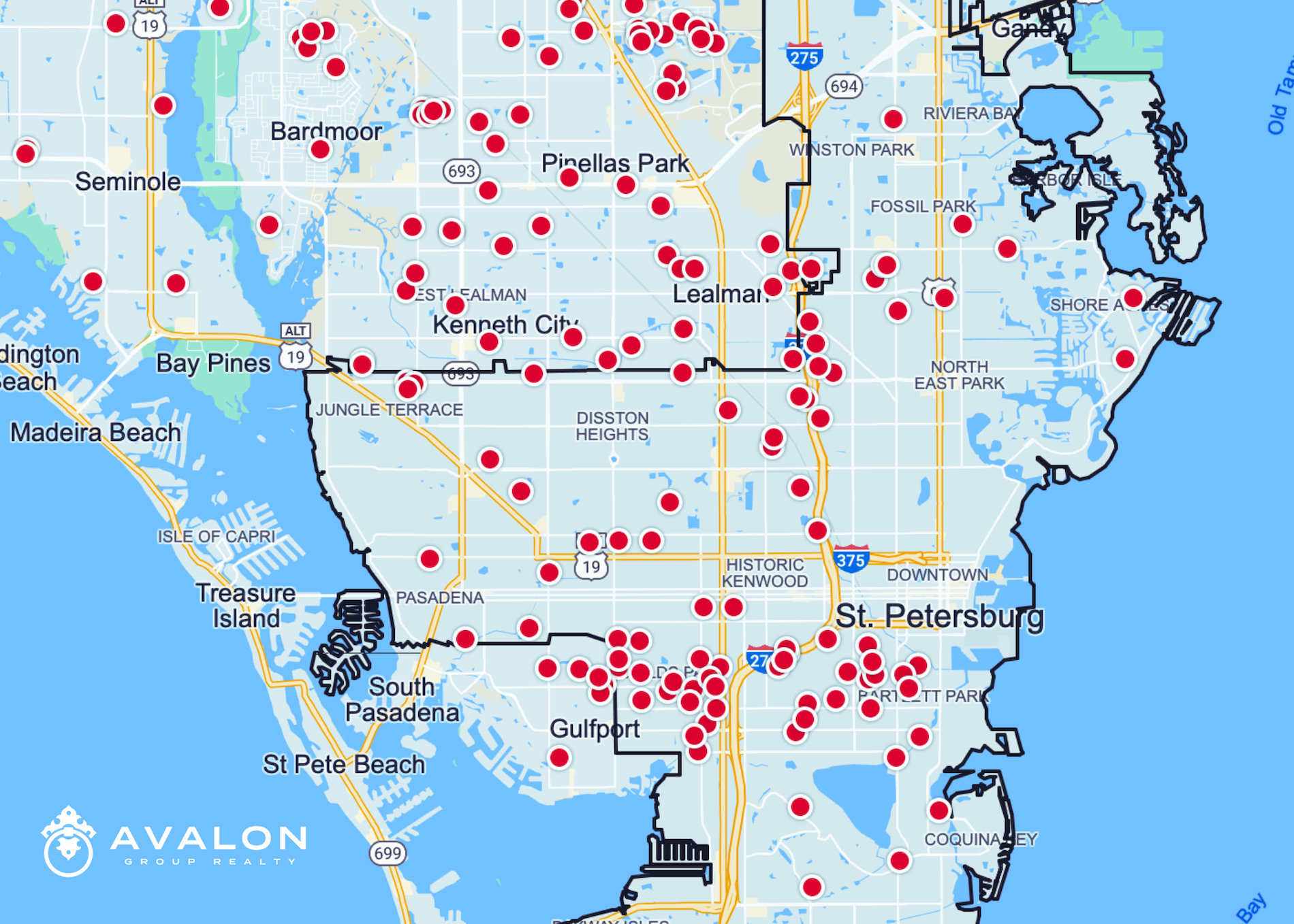 Where is the Cheapest Place to Live in St. Petersburg, Florida picture shows red dots on a map of where homes are under $300,000