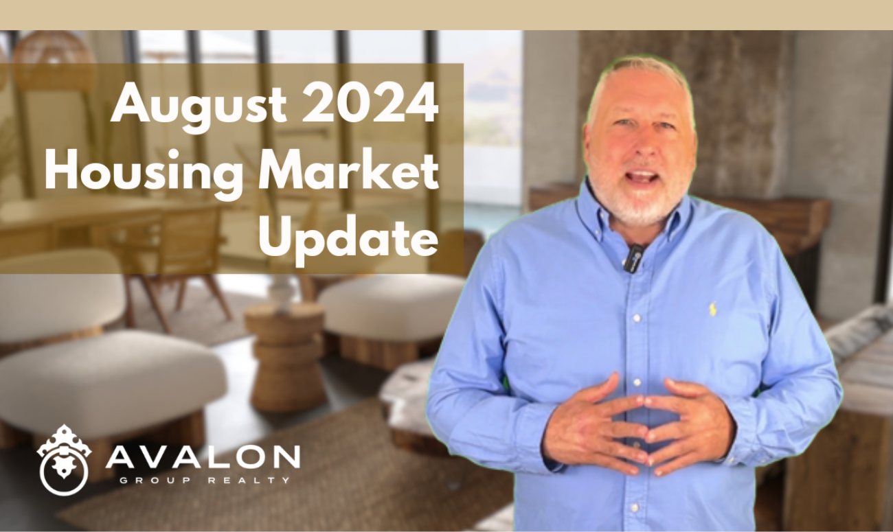 August 2024 Housing Market Update cover picture shows the title and Aaron Hunt wearing a blue shirt in front of a living room picture.