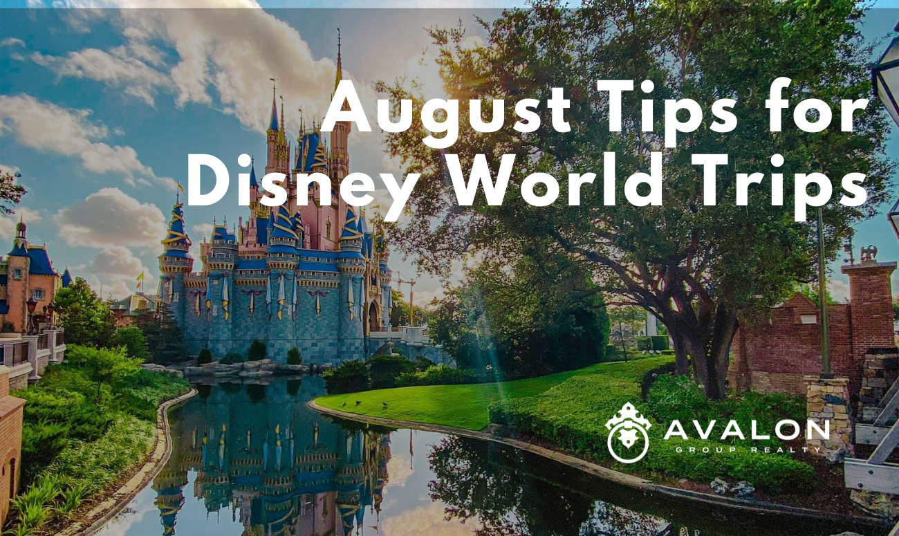 August Tips for Disney World Trips cover picture shows the side view of Cinderella's Castle at Disney World