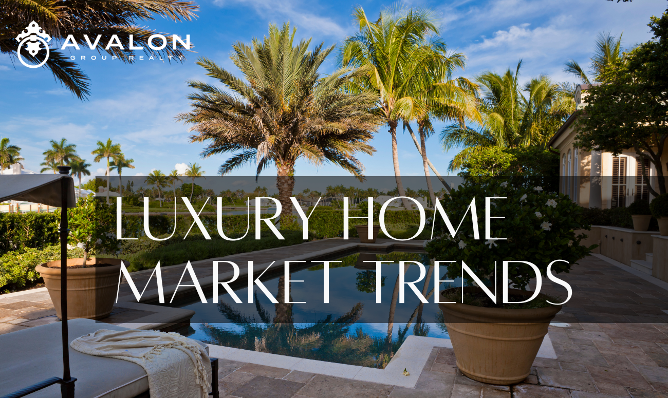 Luxury Home Market Trends cover picture shows a luxury home pool surrounded by palm trees