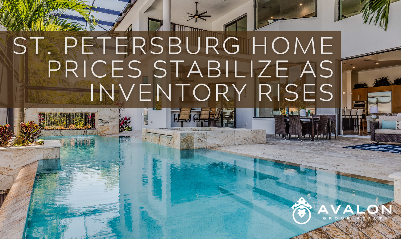 St. Petersburg Home Prices Stabilize as Inventory Rises cover pic shows a pool and a two story white home in the background.