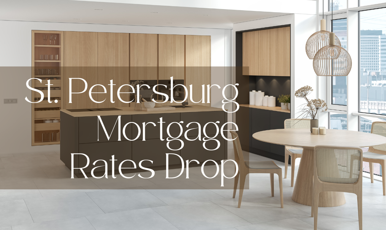 St. Petersburg Mortgage Rates Drop cover picture shows a Japan style kitchen with black and wood cabinets with beige walls and floors.