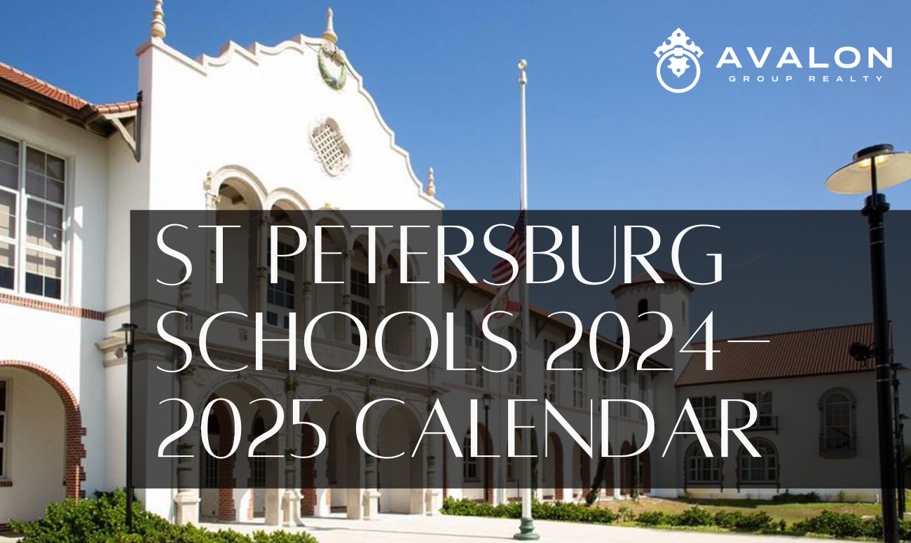 St Petersburg Schools 2024-2025 Calendar picture shows the St Petersburg High School with white stucco.