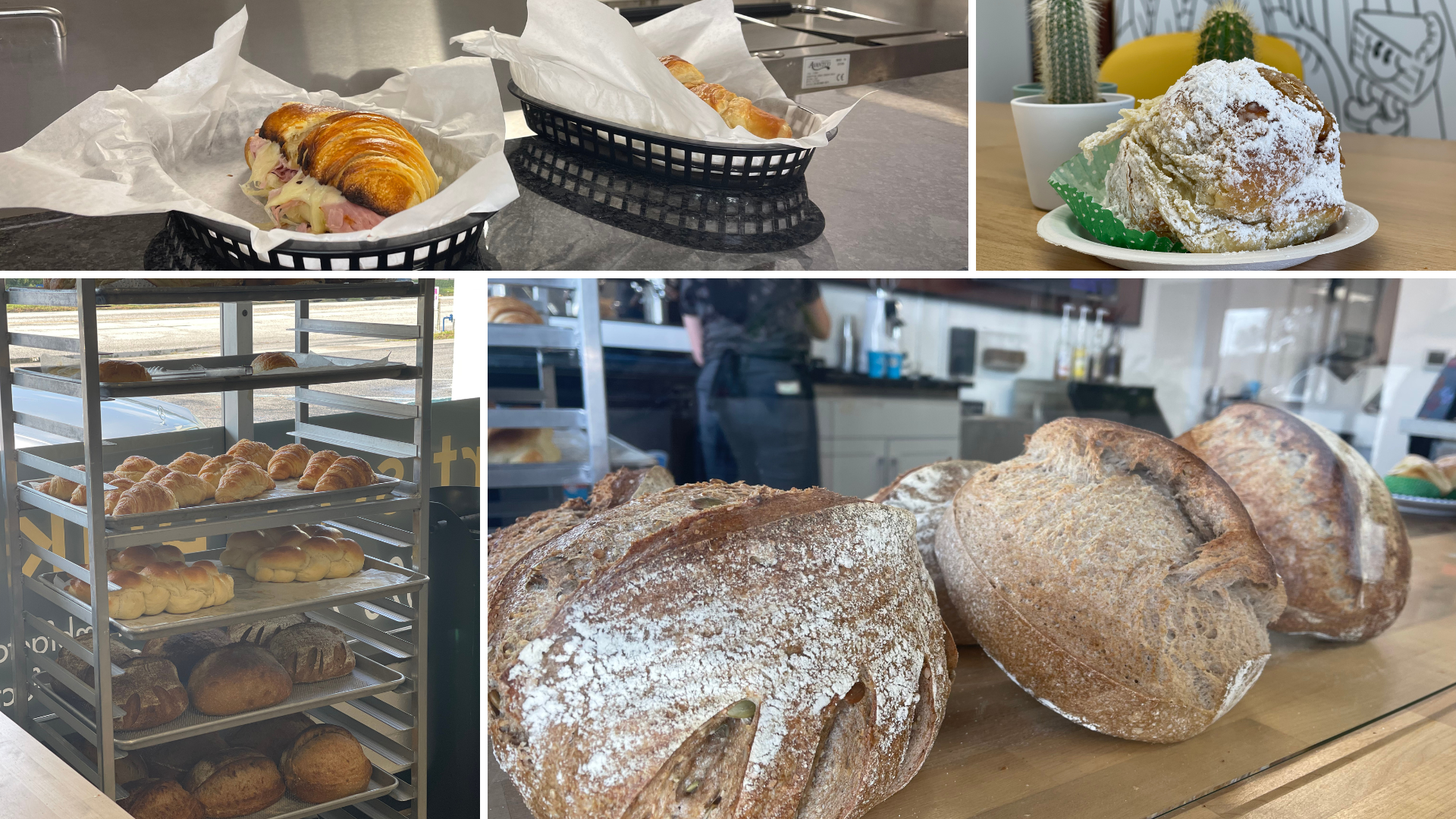 Upper Left: Rob's Turkey and Cheese Croissant, and many other delicious breads and desserts in the other 3 pictures.