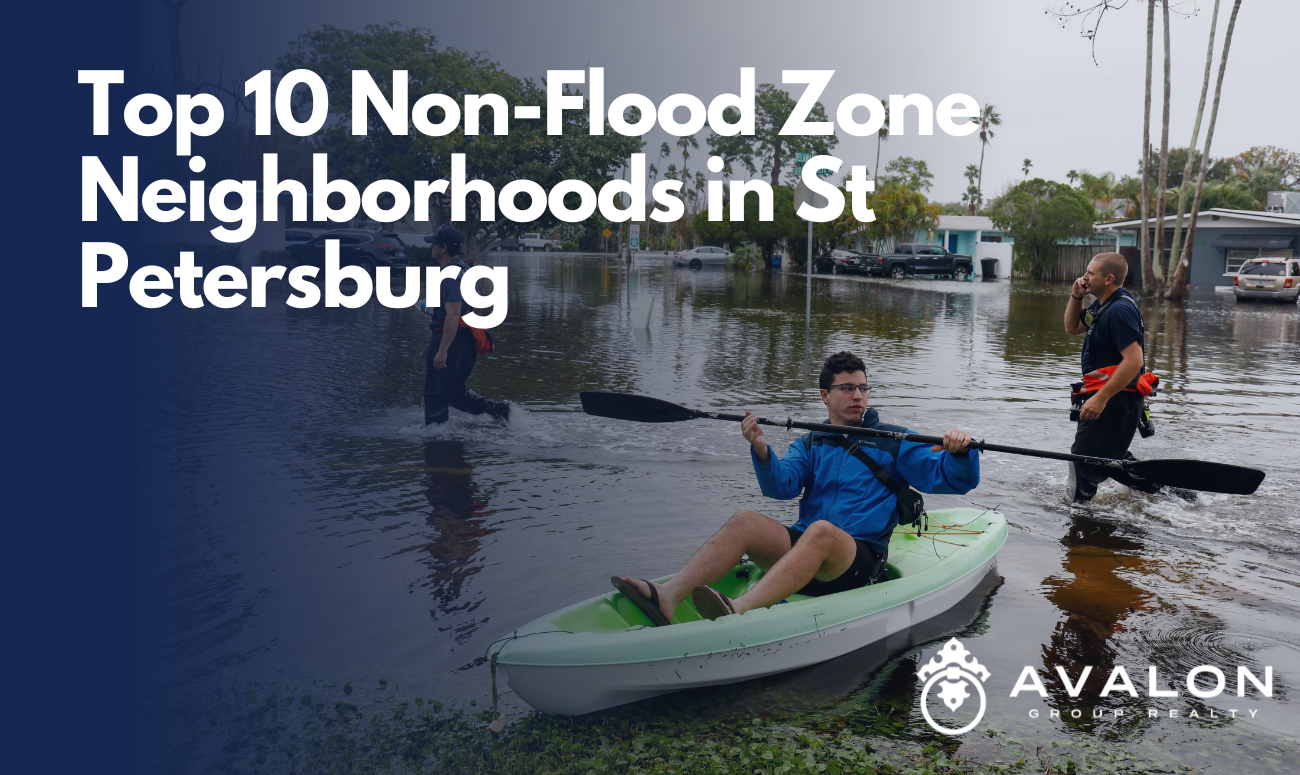 Top 10 Non-Flood Zone Neighborhoods in St Petersburg cover picture shows a man in a green kayak in a neighborhood street filled with water.