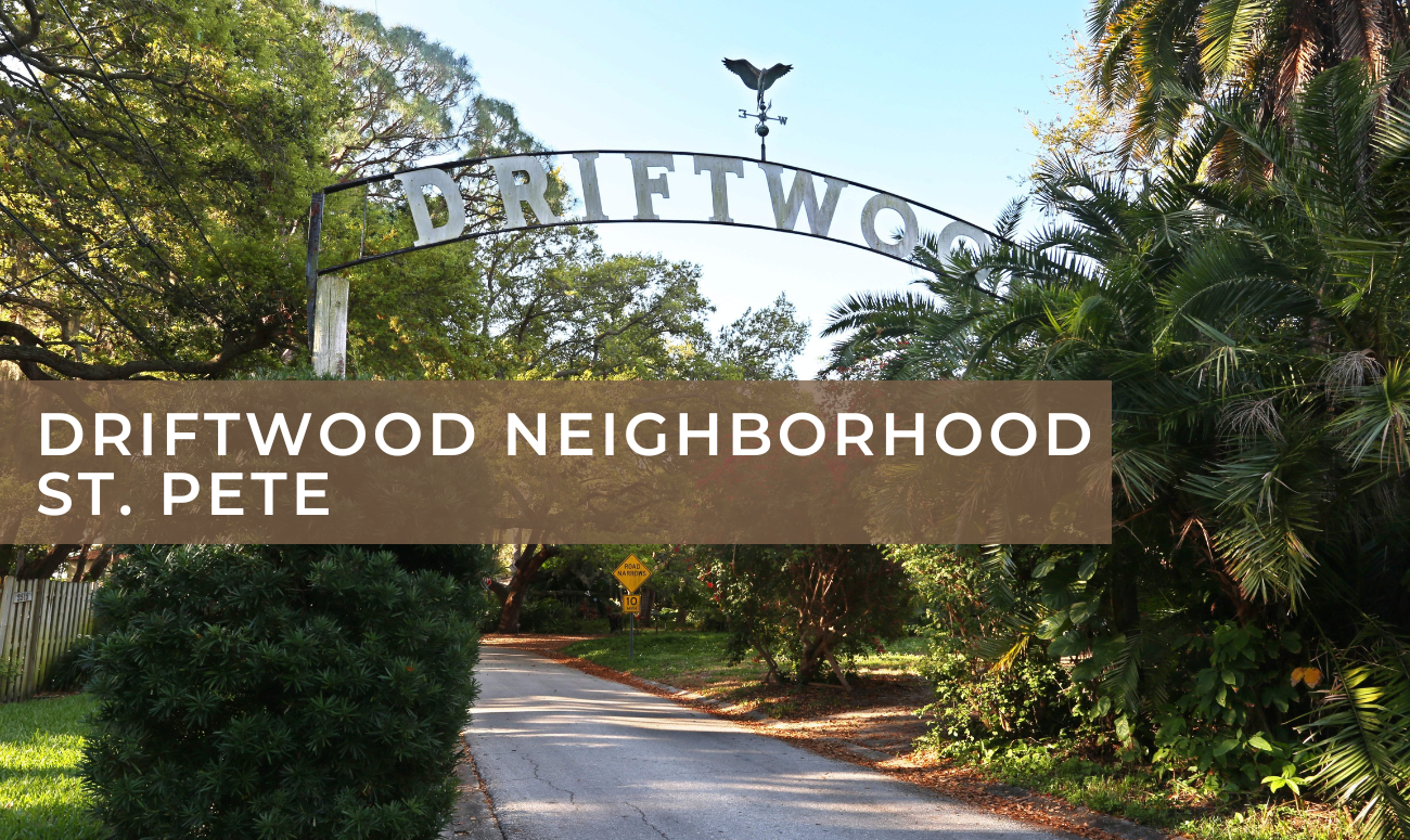 Driftwood Neighborhood St. Pete cover picture shows the neighborhood name on a metal arch above the road.