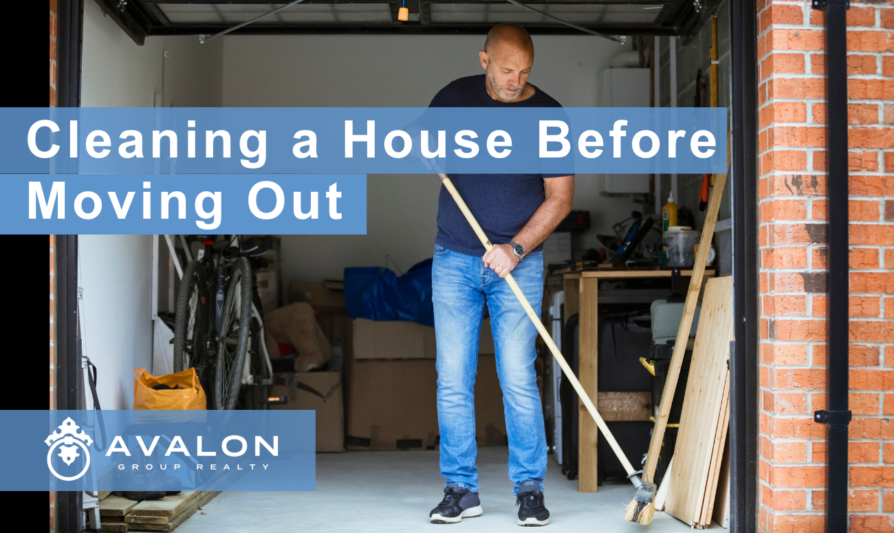 Cleaning a House Before Moving Out cover picture shows a man in jeans sweeping a garage.