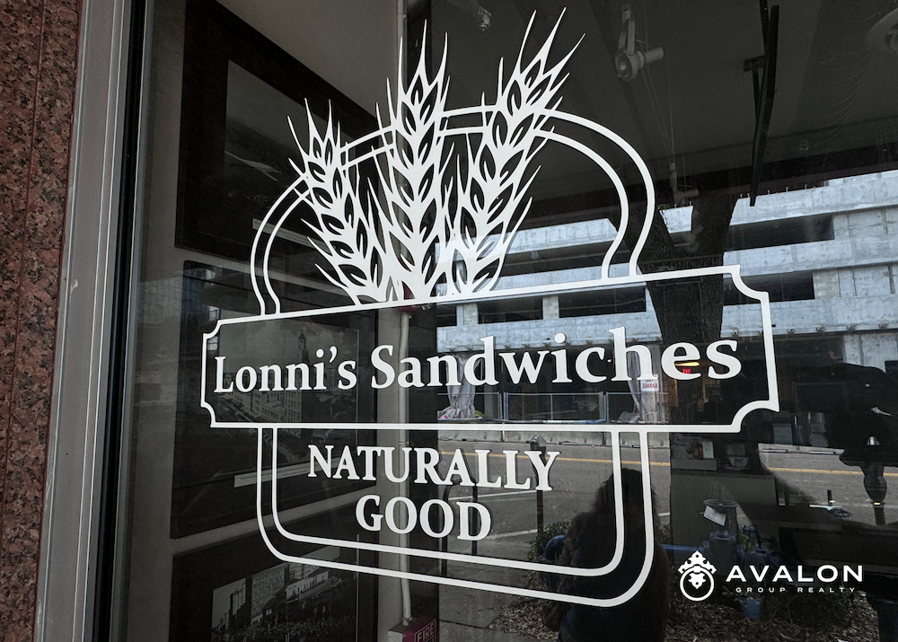 Lonni's Sandwiches St Pete picture shows a glass door with the Lonni's logo on it in a white color.