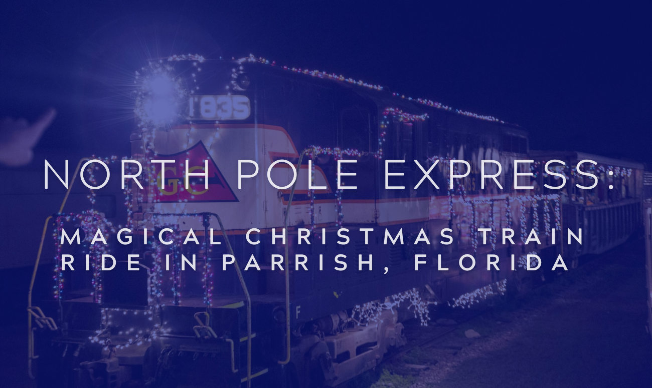 North Pole Express Magical Christmas Train Ride in Parrish, Florida picture shows a train engine decorated in Christmas Lights