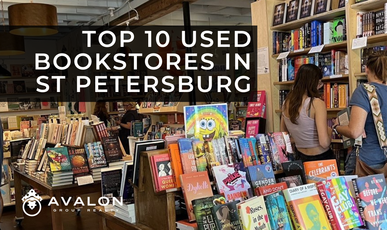 Top 10 Used Bookstores in St Petersburg pictures shows a bookstore filled with books. The center of the picture shows a SpongeBob SquarePants book that is yellow and blue.