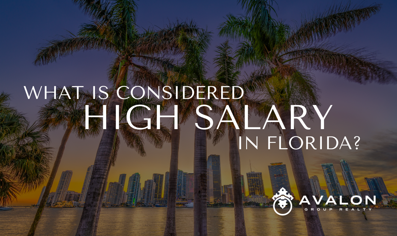 What is Considered a High Salary in Florida cover picture shows palm trees in front of a Florida city over water.