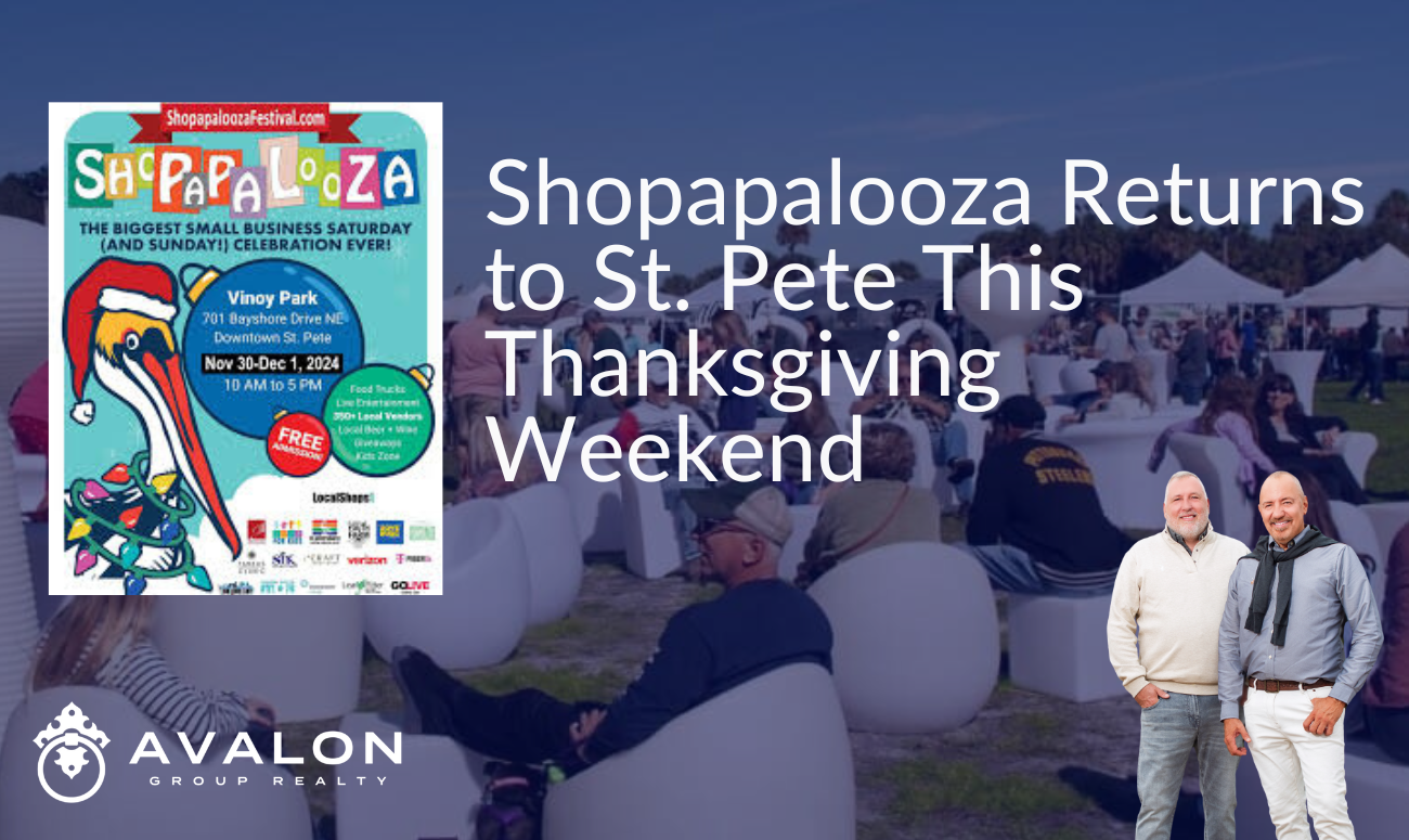 Shopapalooza Returns to St. Pete This Thanksgiving Weekend picture shows the colorful sign and also venders in a grassy area with white tents.