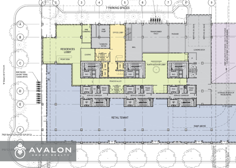 Waldorf Astoria Residences St Petersburg picture shows a preliminary architectural site plan.  Colors used are green, blue and yellow.