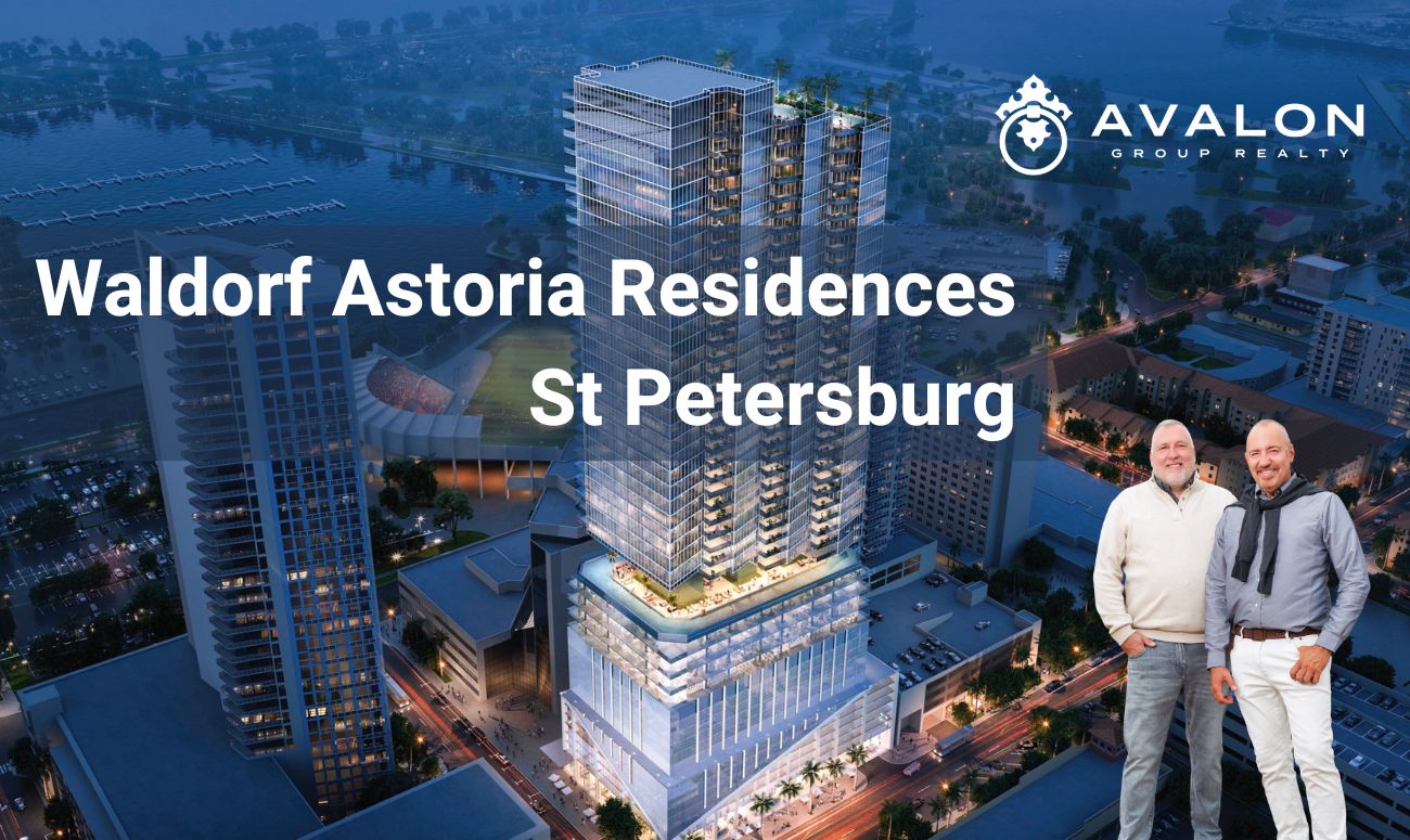 Waldorf Astoria Residences St Petersburg picture shows the rendering of the whole building at dusk with the building lights on. In the background is the St Petersburg Marina.