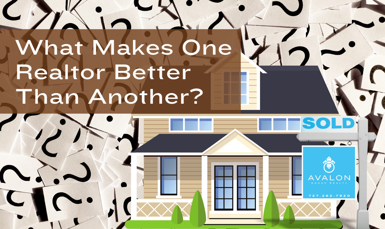 What Makes One Realtor Better Than Another picture shows cards with question marks, a home and an Avalon Group Realty Yard Sign.